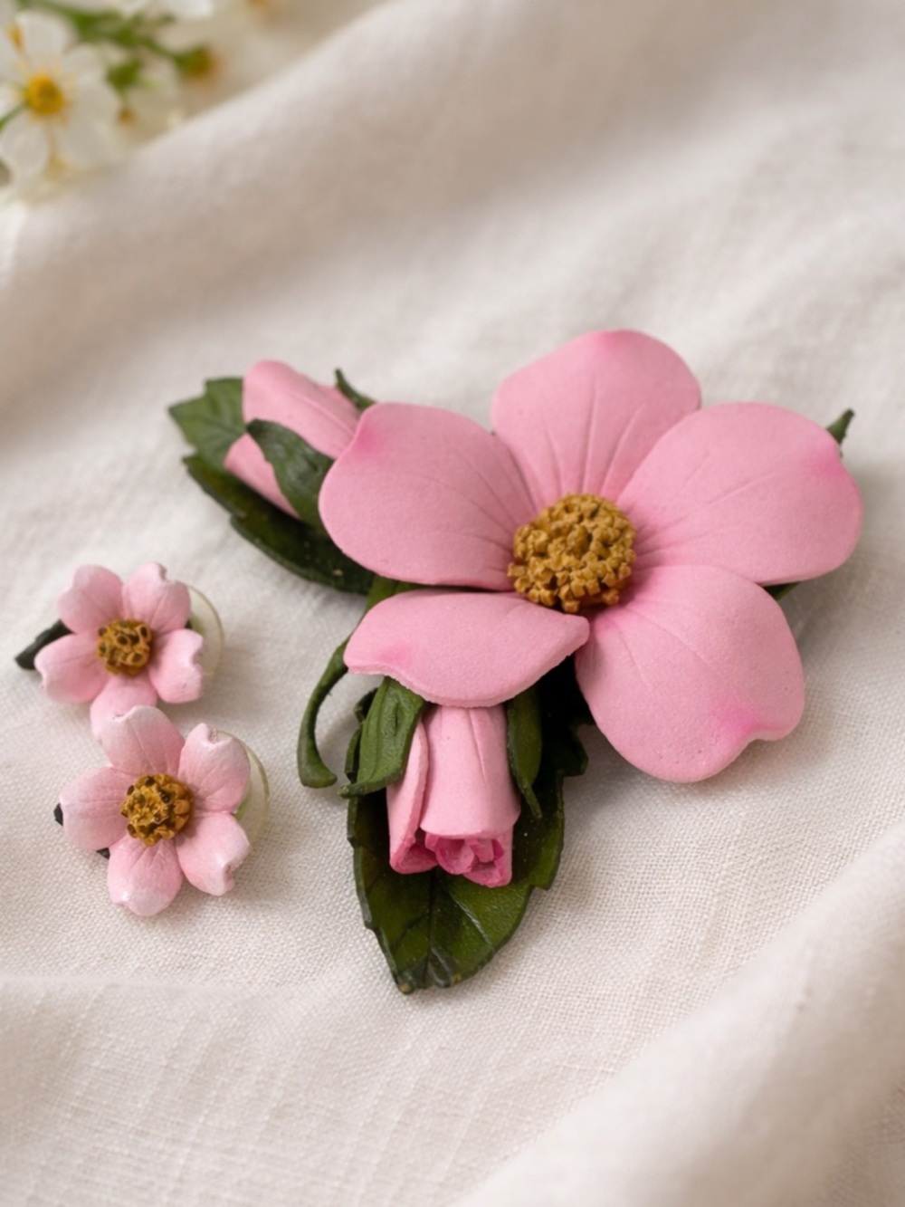 Vintage Pink Flower Brooch & Earrings Set Hand Painted Floral